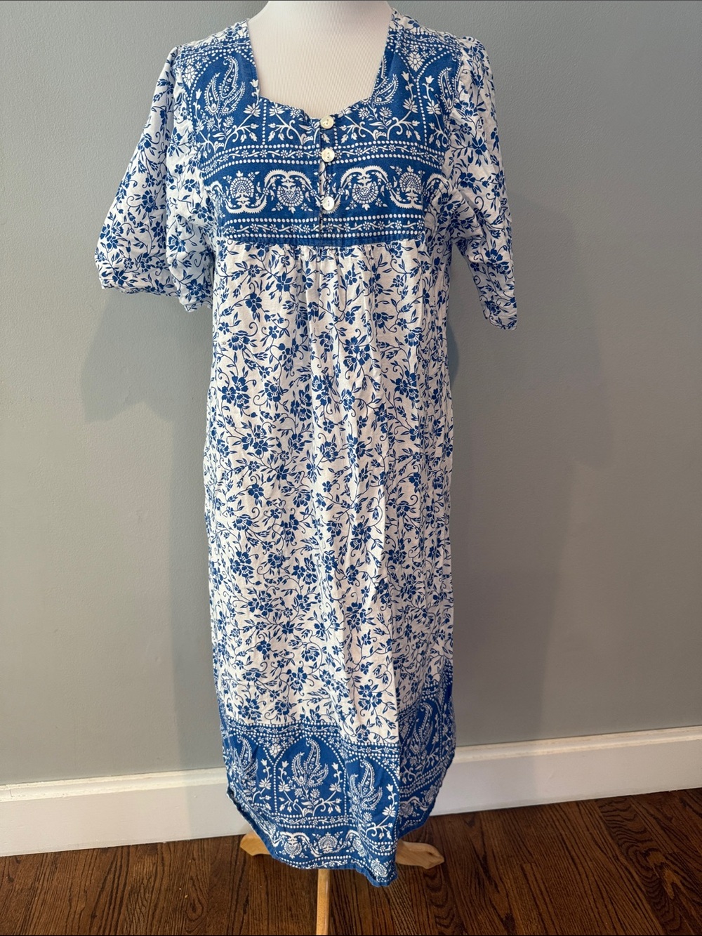 Blue & White Floral Maxi Dress with Buttoned Yoke/ pockets - small- large